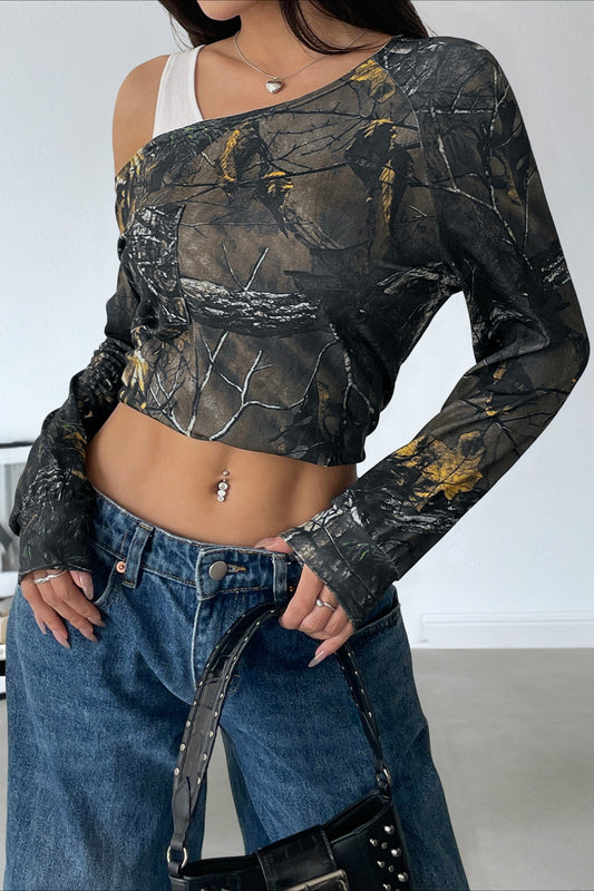 Patchwork-Langarmshirt mit asymmetrischem Schulterausschnitt und Lagenlook