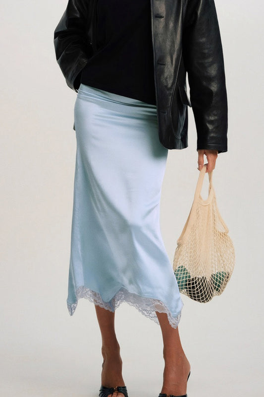 Asymmetric Lace-Trim Midi Skirt