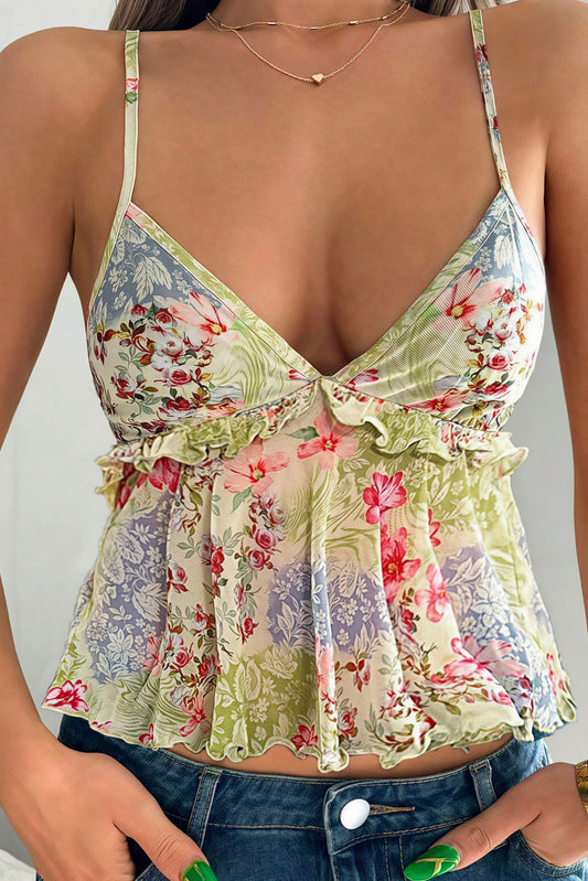 Sexy Sheer Print Ruffle Cami Top