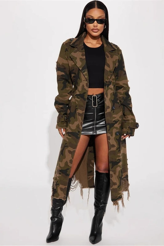 Langer Mantel im Used-Look mit Camouflage-Muster