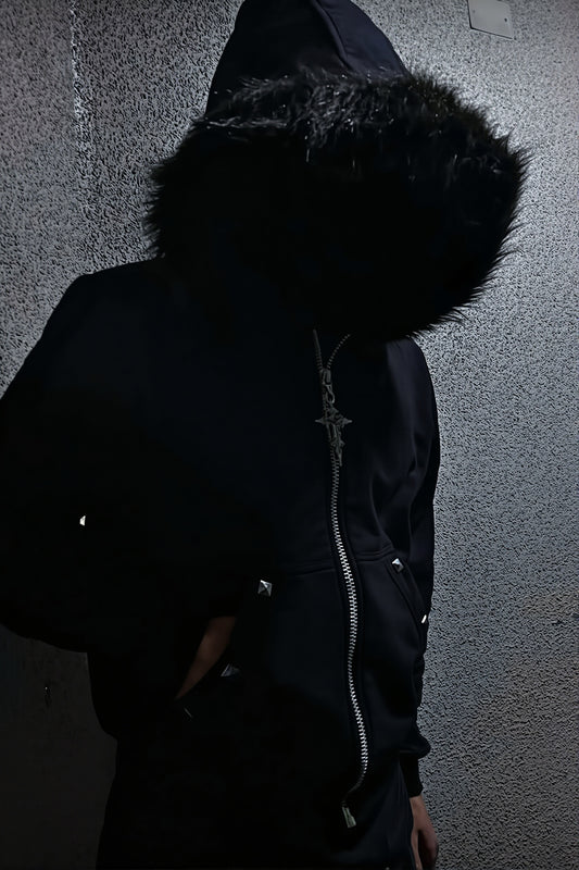 Dark Rivet Pocket Fur Collar Hoodie
