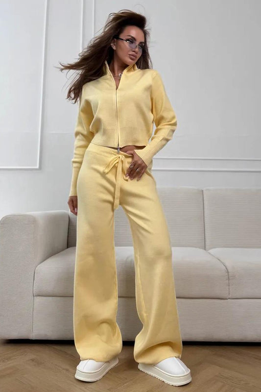 Zweiteiliges Set aus tailliertem Strick-Pendler-Outfit mit Zwei-Wege-Reißverschluss und taillierter Strickkonstruktion