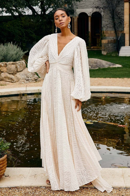 Full Flare Jacquard Ruched Puff Sleeve Backless Tie Maxi Dress