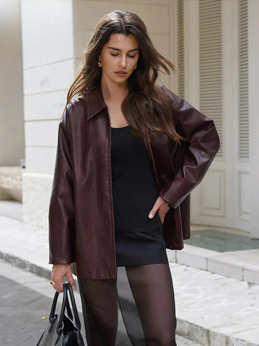Faux Leather Wine Red Coat Coats-241208
