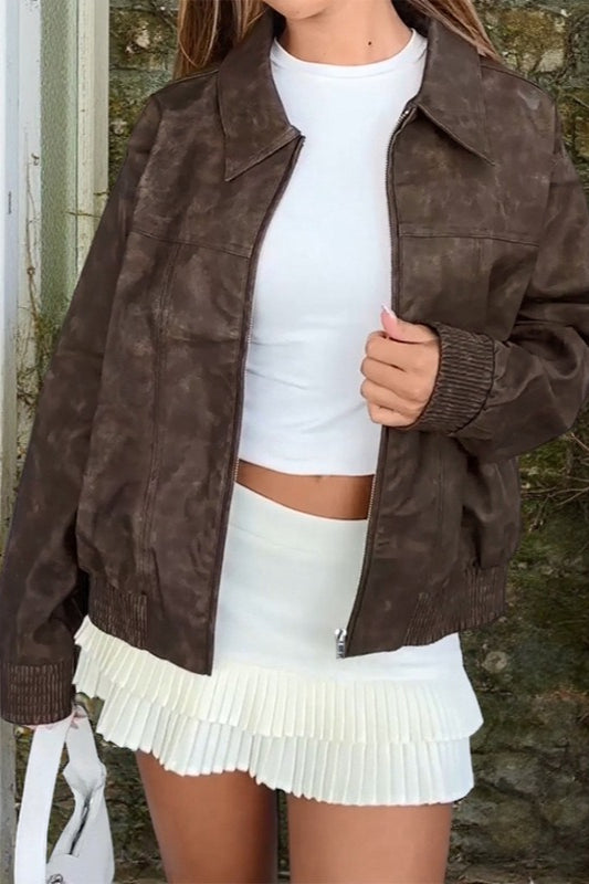 Brown Print Stand Collar Jacket