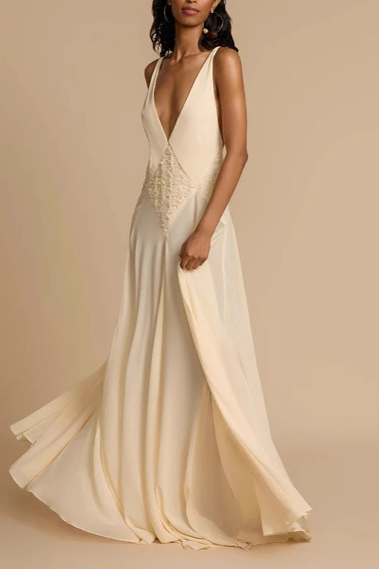 Deep V Neck Lace Patchwork Boho Dress Ivory / S