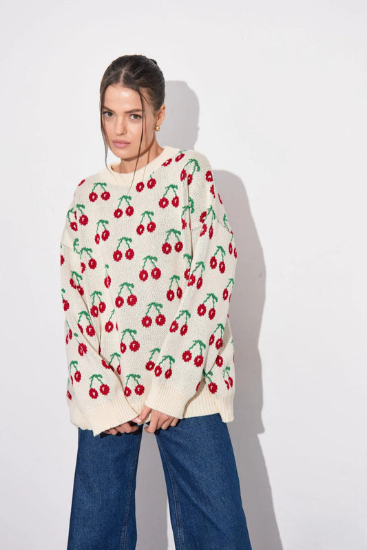 Cherry Crew Neck Mid Length Knit Sweater Apricot / S