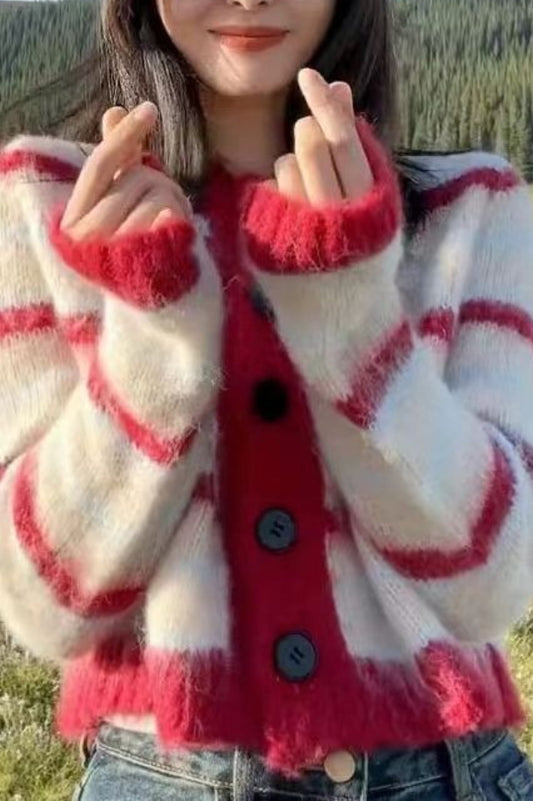 Gestreifter, kurzer Rundhals-Cardigan