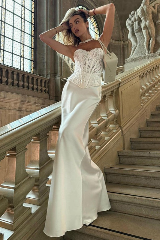 Vintage Lace Strapless Boned Solid Fitted Bodycon Maxi Dress