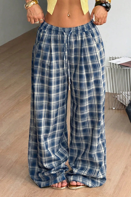 Drawstring Plaid Wide Leg Pants