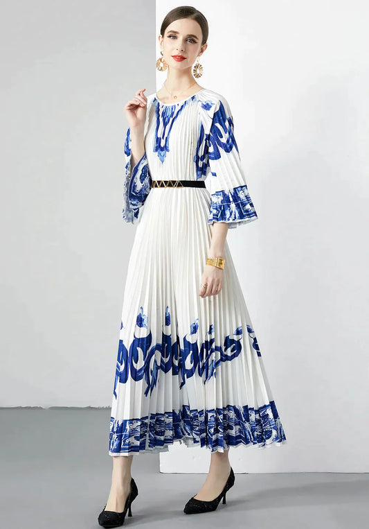 Blue And White Porcelain Loose Dress With Pleats