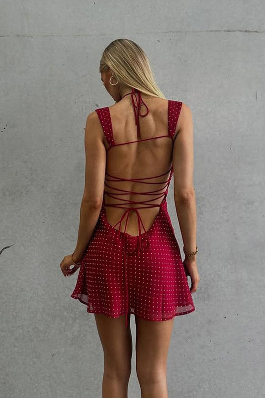 Sexy Chiffon Polka Dot Backless Tie Mini Dress