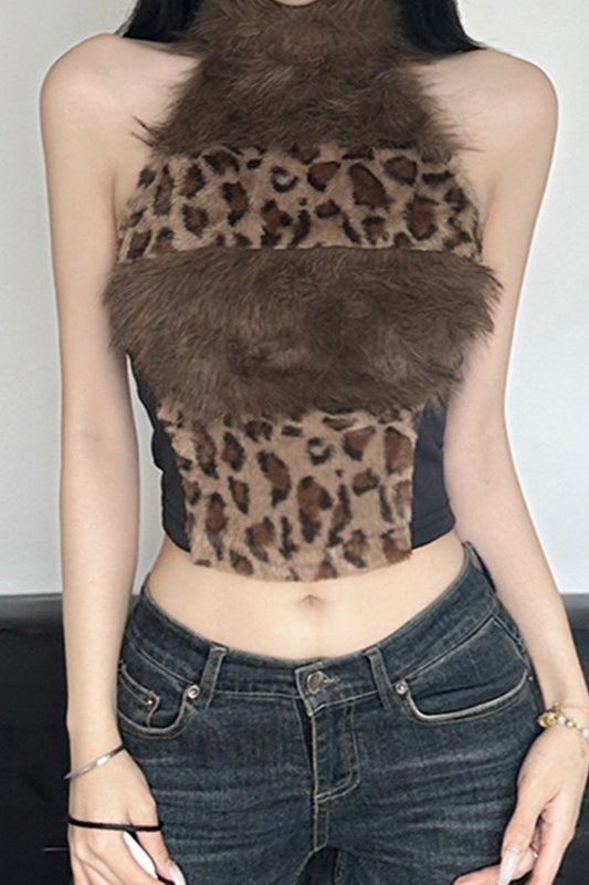 Neckholder-Stricktop mit Kunstpelzkragen