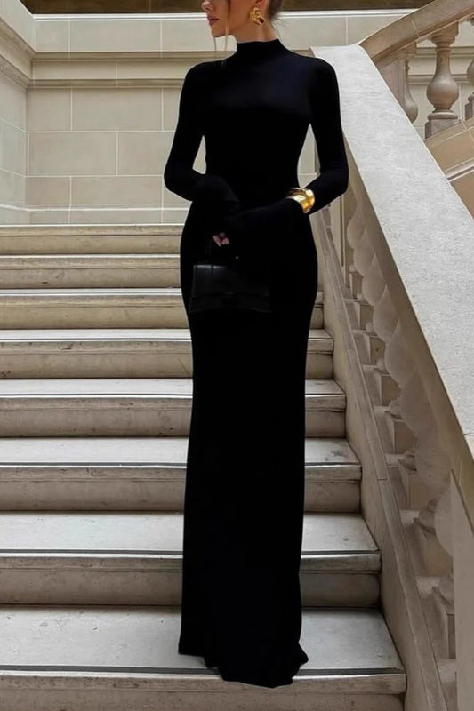 Mock Neck Long Sleeve Open Back Maxi Dress
