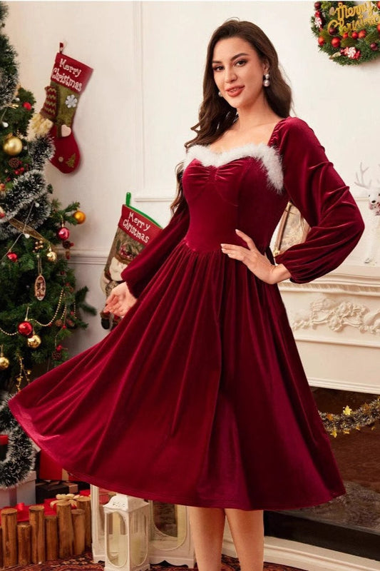 Elegantes Vintage-Maxikleid aus Samt mit langen Ärmeln für Partys