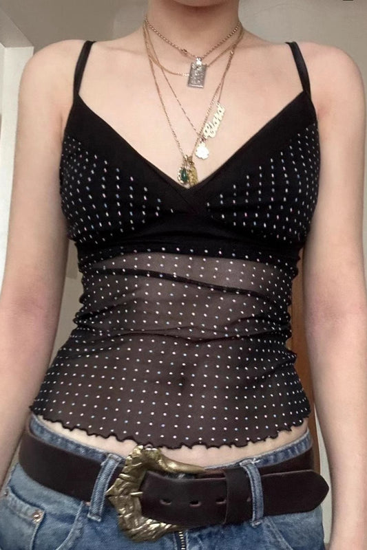 Transparentes, gepunktetes Neckholder-Camisole-Crop-Top mit V-Ausschnitt