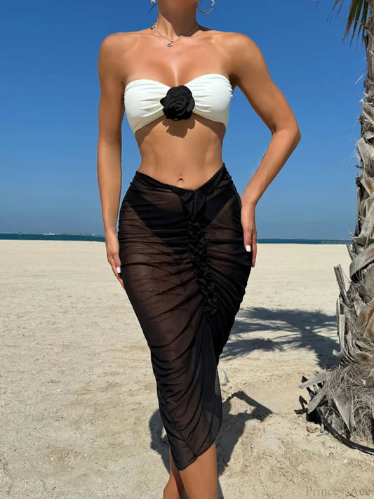 3D Flower Bandeau Bikini with Mesh Skirt Three Piece Swimsuit Black1 / S