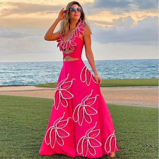 3D Flower Neck Skirt Two Piece Set pink Swimsuit and skirt / S