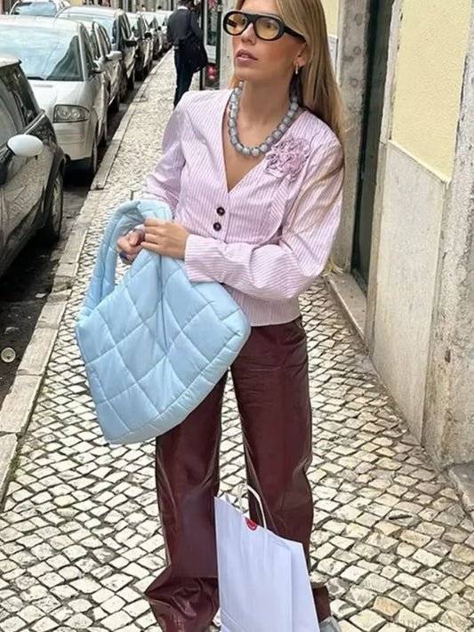 3D Flower Splicing V Neck Pink Blouse blouse-250223