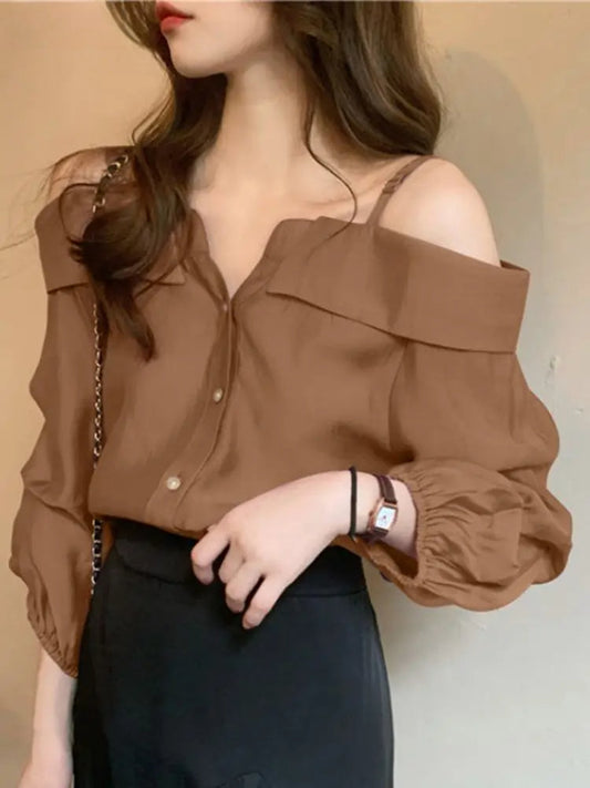 Sexy Off Shoulder Pleated Solid Blouse blouse-250126