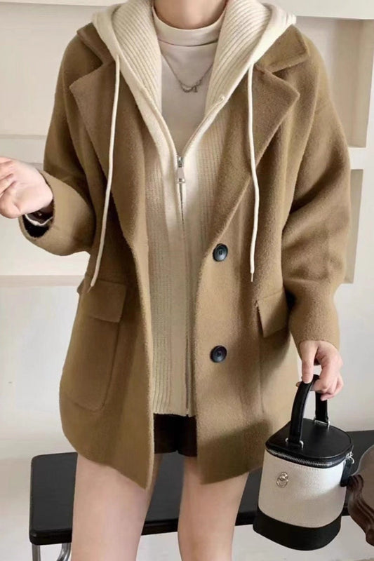 Layered-Look Wool Blend Loose Slim-Fit Knit Cardigan Coat Khaki / One Size