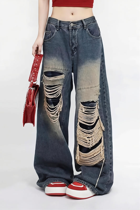 Patchwork Distressed Wide-Leg Jeans