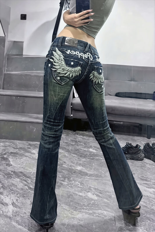 Wing Embroidered Low Rise Bootcut Jeans