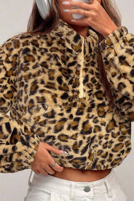 Stand Collar Half-Zip Leopard Print Cropped Fuzzy Coat Brown / S