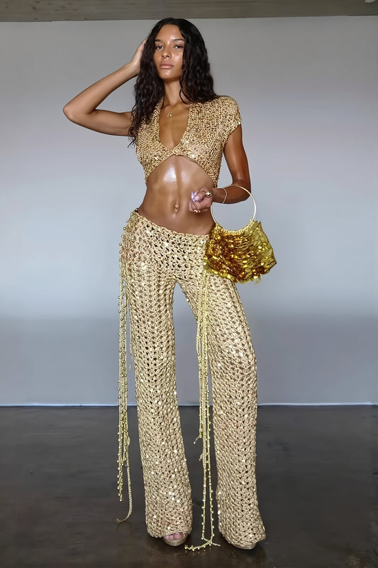 Gold Sequin Crochet Two Piece Set