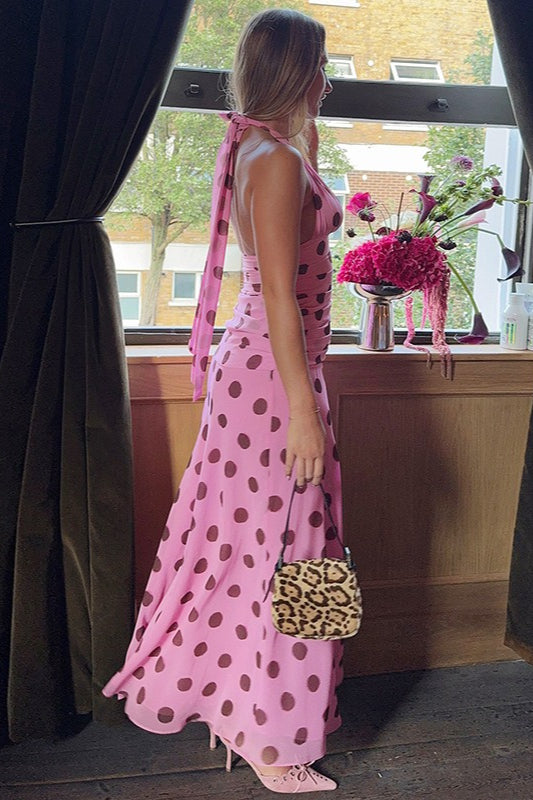 Vintage-Maxikleid mit Polka-Dots und V-Ausschnitt