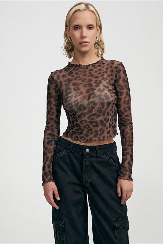 Figurbetontes, transparentes Crop-Top mit Leopardenmuster
