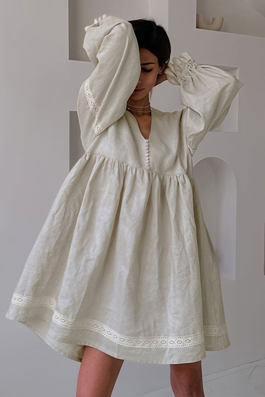Cotton Linen V Neck Lantern Sleeve Loose Mini Dress