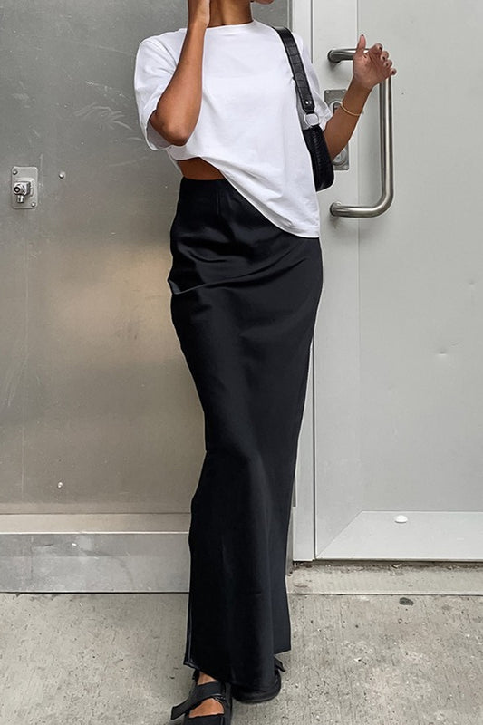 Satin Fishtail Black Maxi Skirt