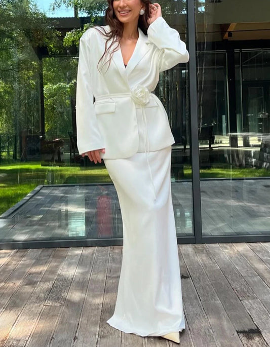 Weißer Satin-Langarmrock fürs Büro, zweiteiliges Set