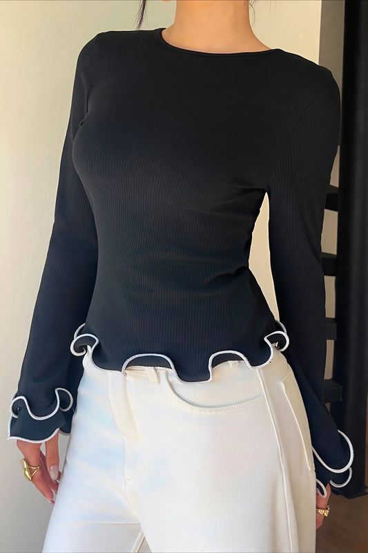 Tie Front Contrast Cuff Square Neck Blouse