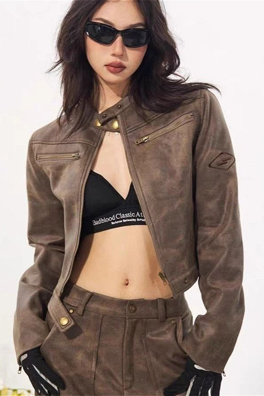 Vintage Wildlederjacke mit Stehkragen