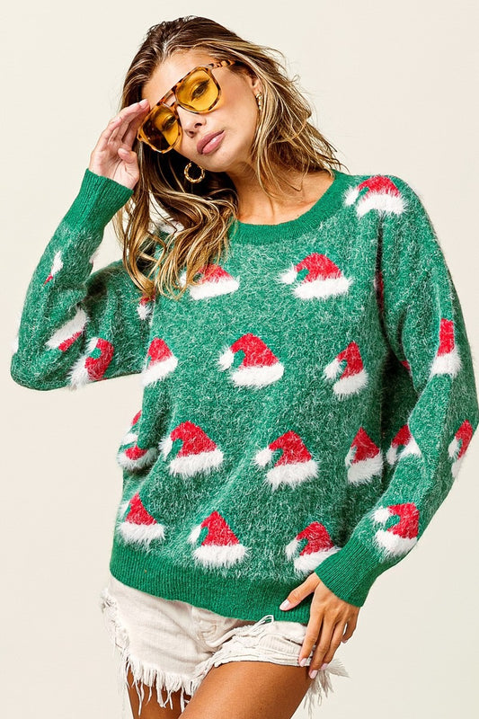 Farbblock-Weihnachtsmütze, flauschiger bestickter Pullover