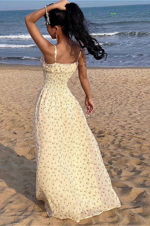 Sexy gerafftes Maxikleid mit V-Ausschnitt, hoher Taille und A-Linien-Design, geblümt