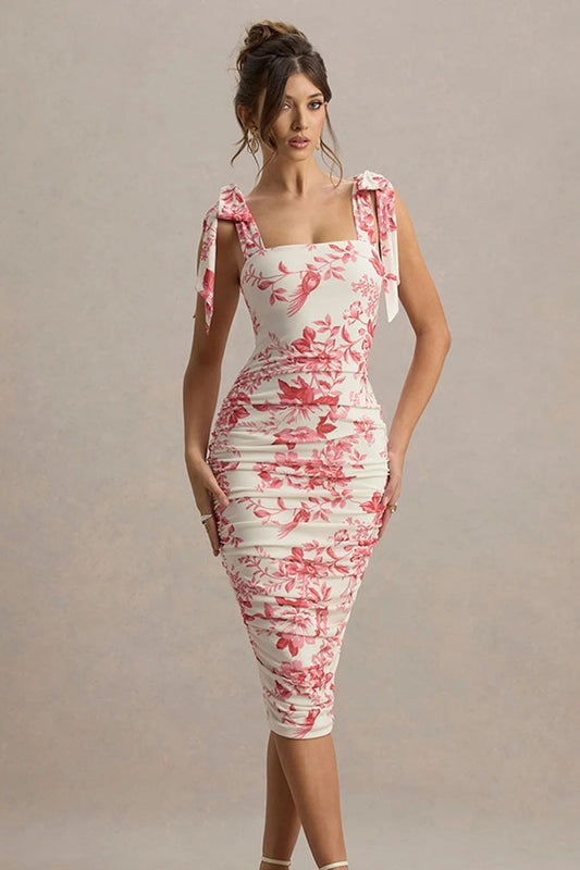 Gerüschtes Maxikleid mit Vintage-Blumendruck