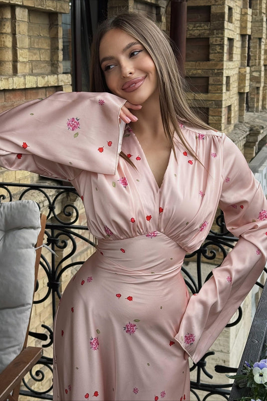 Satin Floral V Neck Flared Hem Maxi Dress