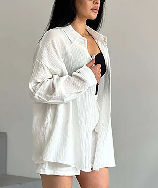 Blaues, zweiteiliges Büro-Set mit Shorts aus Baumwolle mit Kordelzug