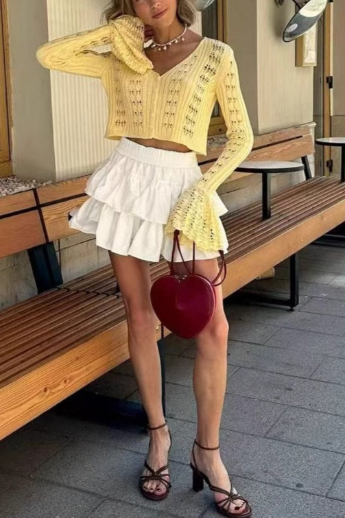 Strickjacke mit V-Ausschnitt, einfarbig, kurz und langärmelig