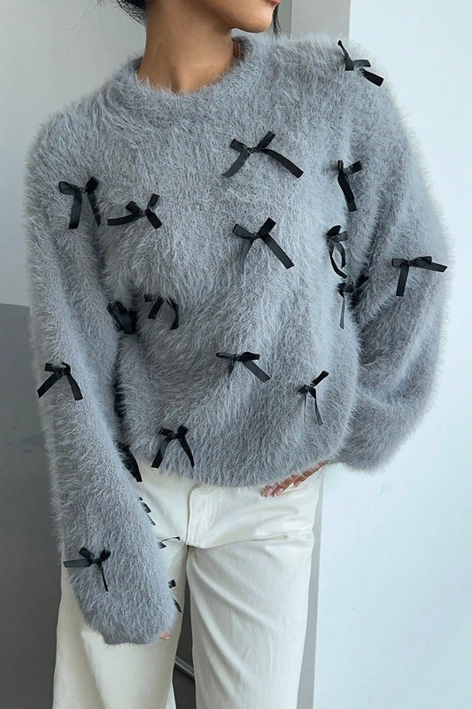 Mohair-Pullover mit Schleife, lockere Bluse