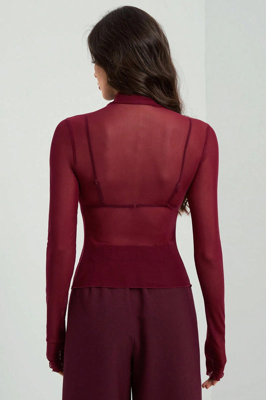 Stand Collar Solid Mesh Slim Fit Long Sleeve Tee