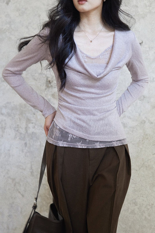 Zweiteiliges, drapiertes Spitzenstrickoberteil