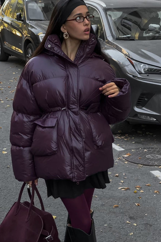 Solid Color Zipped Hooded Puffer Jacket S / Red