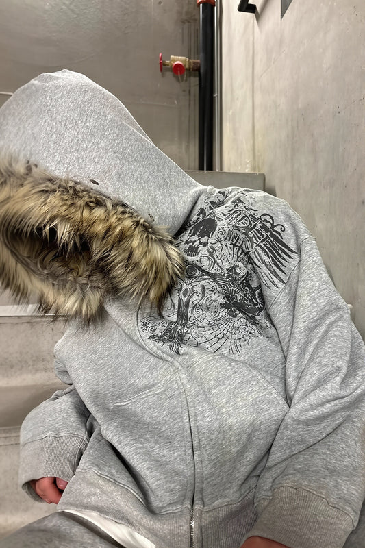 Faux Fur Trim Ornamental Zip Hoodie