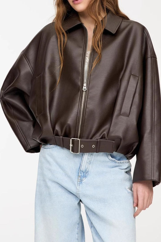 Retro Faux Leather Bomber Jacket Brown / XS
