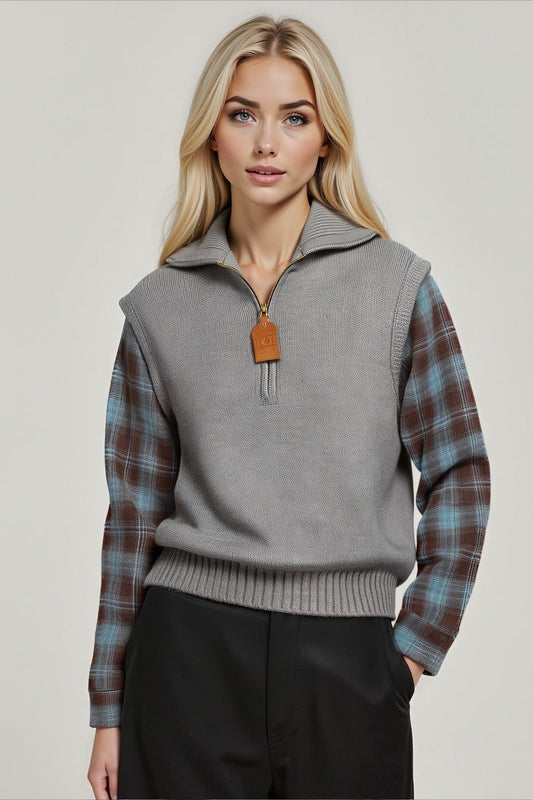 Fake Two Piece Plaid Contrast Half Zip Collared Sweater Light Gray / One Size
