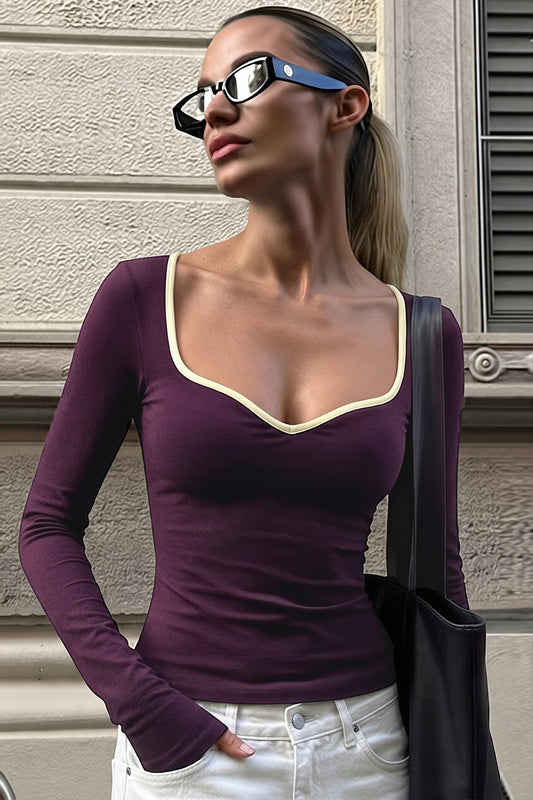 Contrast Trim Sweetheart Neck Long Sleeve Tee